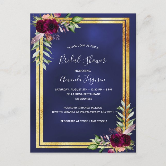 Navy blue burgundy floral Bridal Shower invitation Postcard (Front)
