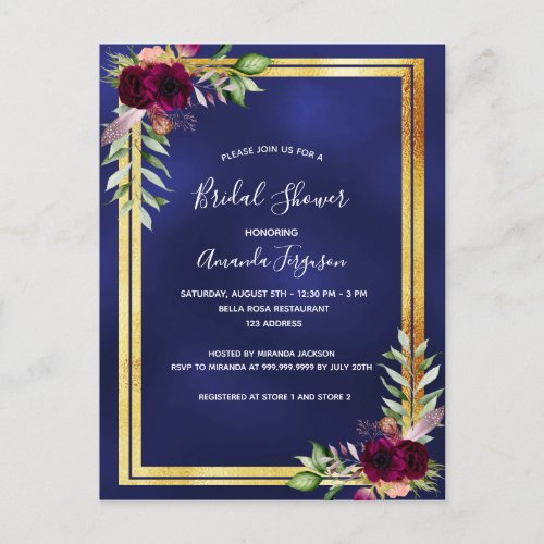 Navy blue burgundy floral Bridal Shower invitation Postcard