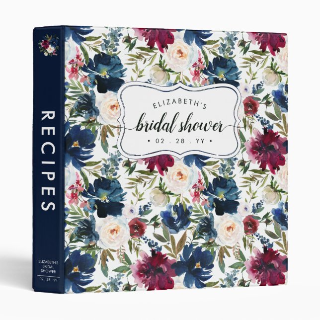 Navy Blue Burgundy Floral Bridal Shower Recipe 3 Ring Binder (Front/Spine)