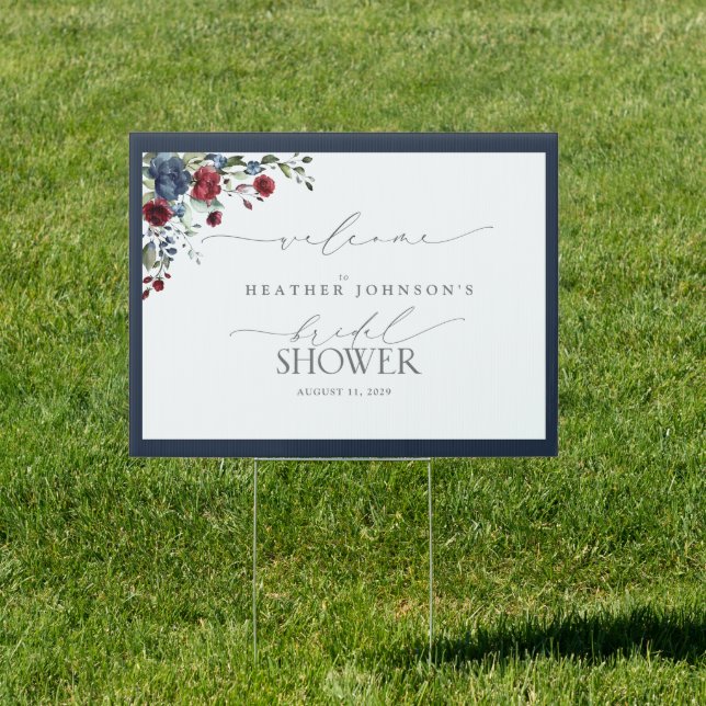 Navy Blue Burgundy Floral Bridal Shower Welcome Sign (Insitu)