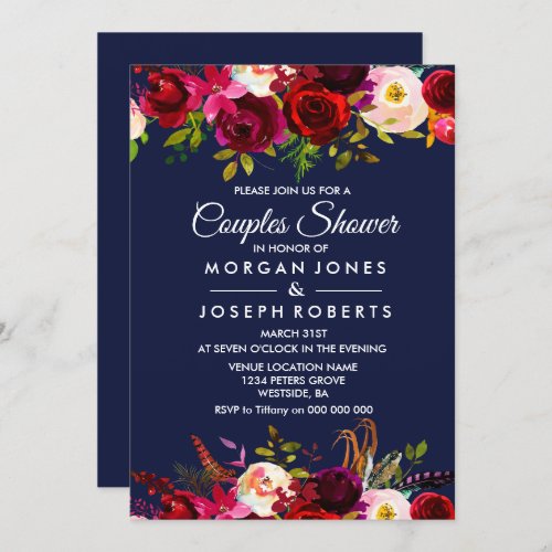 Navy Blue Burgundy Floral Couples Shower Invite