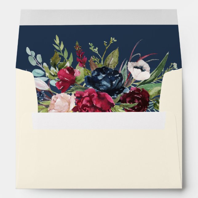 Navy Blue | Burgundy Floral Cream Wedding Envelope (Back (Bottom))