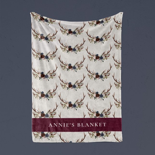 Navy blue burgundy floral elegant antler elegant a fleece blanket (Creator Uploaded)