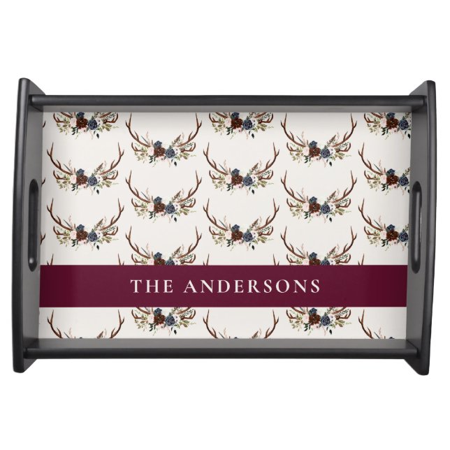 Navy blue burgundy floral elegant antler elegant serving tray (Front)