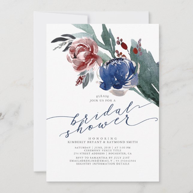 Navy Blue & Burgundy Floral Elegant Bridal Shower Invitation (Front)