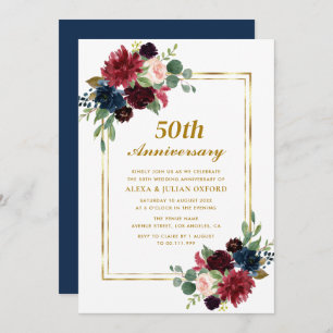 navy blue burgundy floral frame 50th anniversary invitation