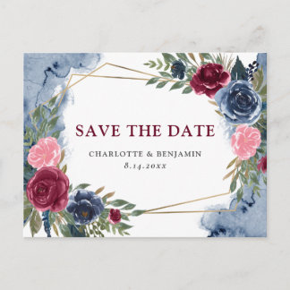Navy Blue Burgundy Floral Geometric Save The Date Announcement Postcard