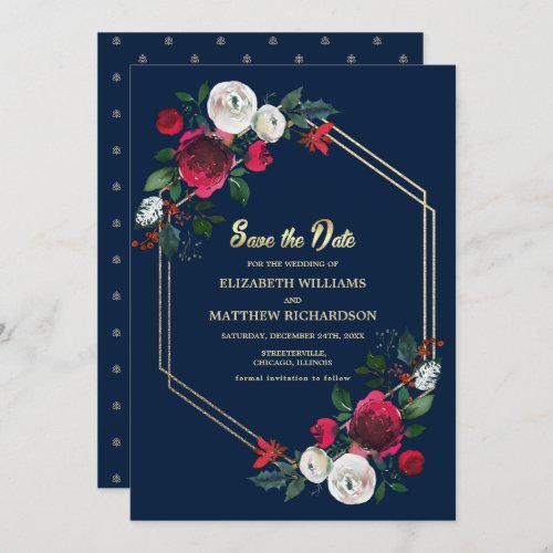 Navy Blue Burgundy Floral Geometric Save the Date Invitation