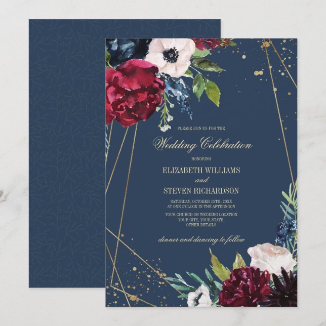 Navy Blue | Burgundy Floral Geometric Wedding Invitation (Front/Back)