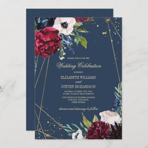 Navy Blue  Burgundy Floral Geometric Wedding Invitation