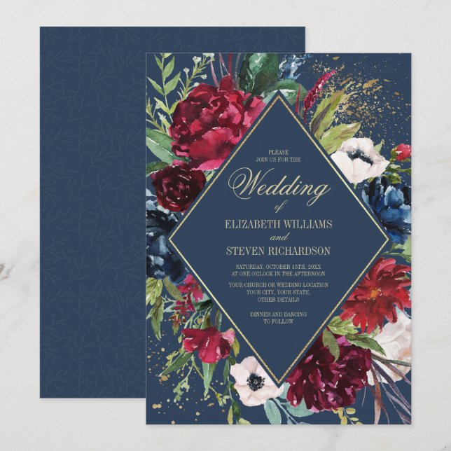 Navy Blue | Burgundy Floral Geometric Wedding Invitation (Front/Back)