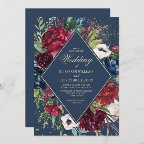 Navy Blue  Burgundy Floral Geometric Wedding Invitation