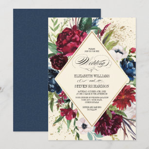 Navy Blue   Burgundy Floral Geometric Wedding Invitation