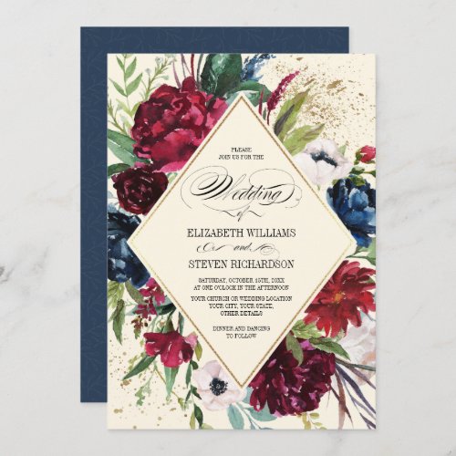 Navy Blue  Burgundy Floral Geometric Wedding Invitation