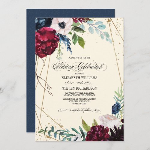 Navy Blue  Burgundy Floral Geometric Wedding Invitation