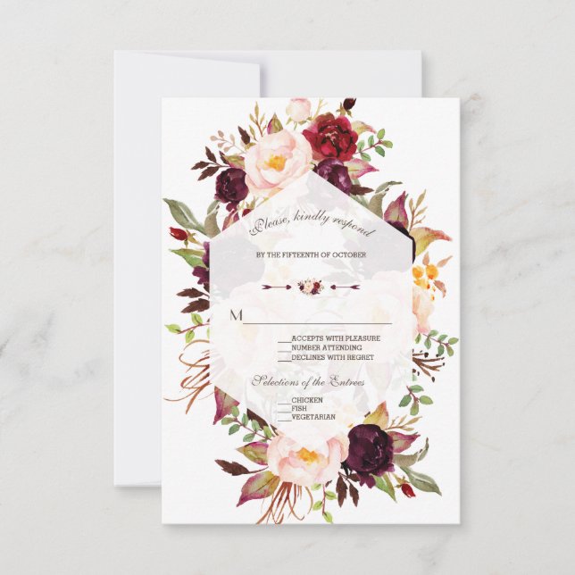 Navy Blue Burgundy Floral Geometric Wedding RSVP (Front)