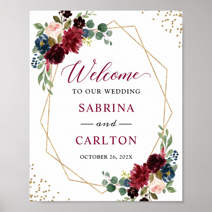 Navy Blue Burgundy Floral Geometric Wedding Sign | Zazzle