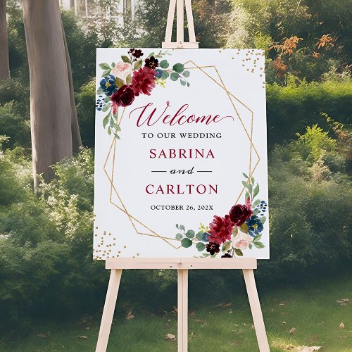 Navy Blue Burgundy Floral Geometric Wedding Sign