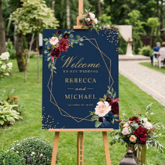 Navy Blue Burgundy Floral Gold Geometric Wedding Foam Board