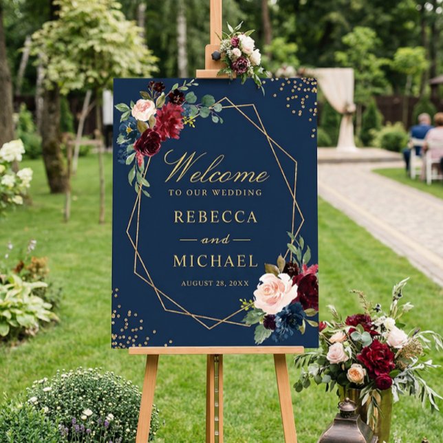 Navy Blue Burgundy Floral Gold Geometric Wedding Foam Board (Creator Uploaded)