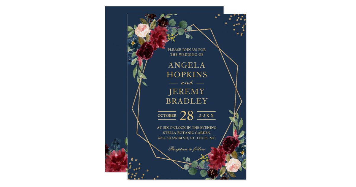 Navy Blue Burgundy Floral Gold Geometric Wedding ...