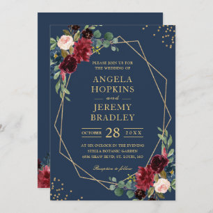 Navy Blue Burgundy Floral Gold Geometric Wedding Invitation