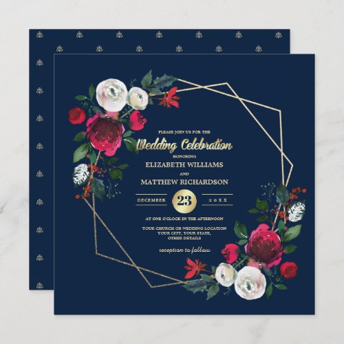 Navy Blue Burgundy Floral Gold Geometric Wedding Invitation