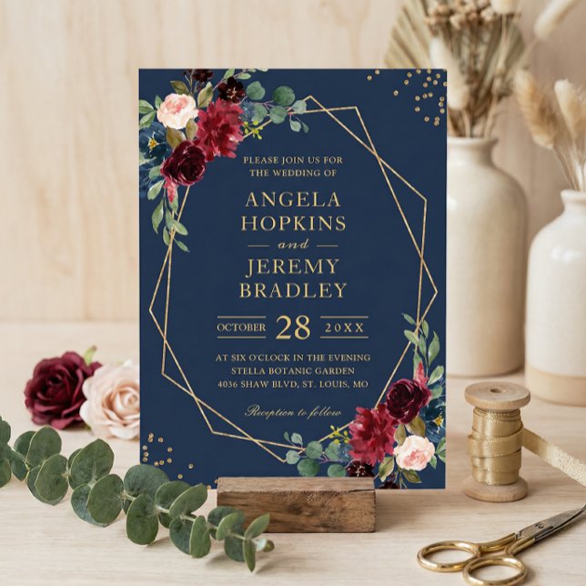 Navy Blue Burgundy Floral Gold Geometric Wedding Invitation (Creator Uploaded)