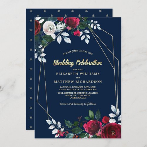 Navy Blue Burgundy Floral Gold Geometric Wedding Invitation