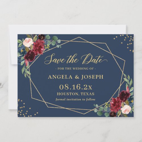 Navy Blue Burgundy Floral Gold Geometric Wedding Save The Date - Navy Blue Burgundy Floral Gold Geometric Wedding Card. 
(1) For further customization, please click the "customize further" link and use our design tool to modify this template. 
(2) If you prefer thicker papers / Matte Finish, you may consider to choose the Matte Paper Type. 
(3) If you need help or matching items, please contact me.