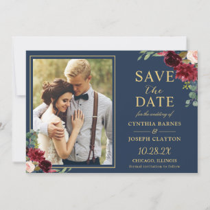 Navy Blue Burgundy Floral Gold Wedding Photo Save The Date