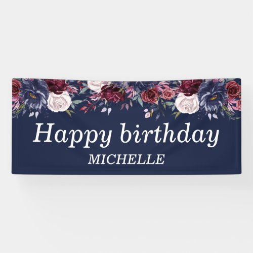 Navy Blue Burgundy Floral Happy Birthday Name Banner