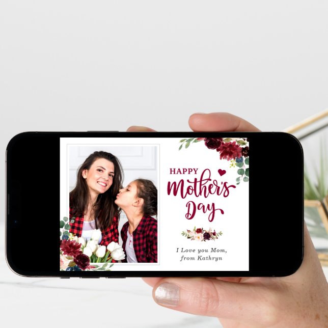 Navy Blue Burgundy Floral Happy Mother's Day Photo Card (Front Digital)