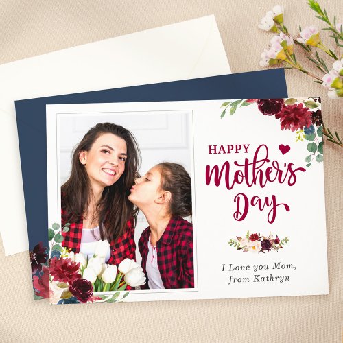 Navy Blue Burgundy Floral Happy Mothers Day Photo Card