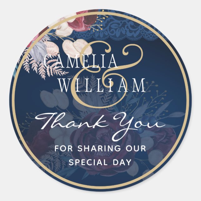 Navy Blue Burgundy Floral Lace Wedding Classic Round Sticker (Front)