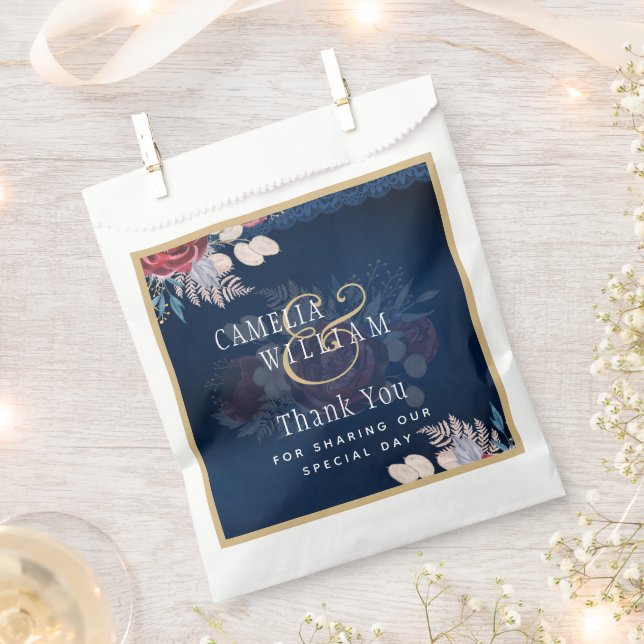 Navy Blue Burgundy Floral Lace Wedding Favor Bag (Clipped)