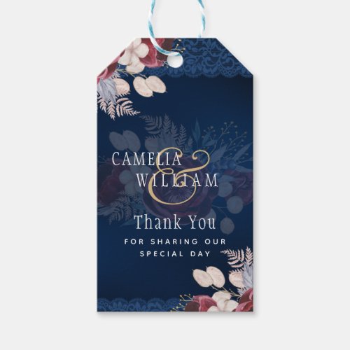 Navy Blue Burgundy Floral Lace Wedding Gift Tags