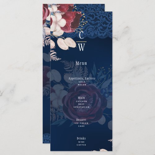 Navy Blue Burgundy Floral Lace Wedding Menu