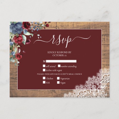 Navy Blue Burgundy Floral Lace Wood Wedding RSVP Invitation Postcard