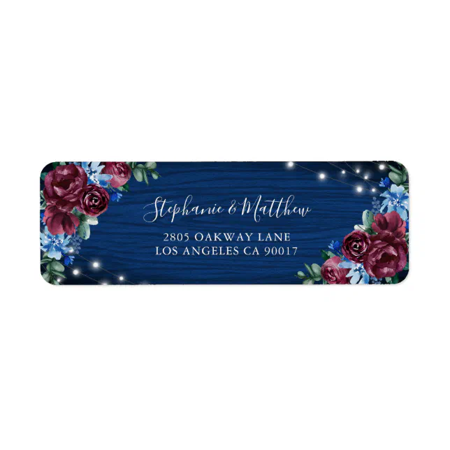 Navy Blue Burgundy Floral Lights Wedding Label | Zazzle