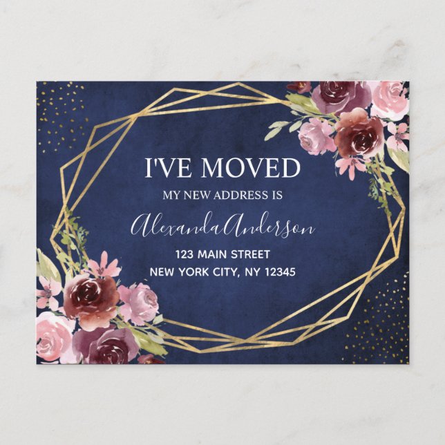 Navy Blue Burgundy Floral Moving Announcement Postcard (Front)