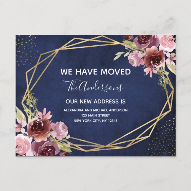 Navy Blue Burgundy Floral Moving Announcement Postcard (Front)