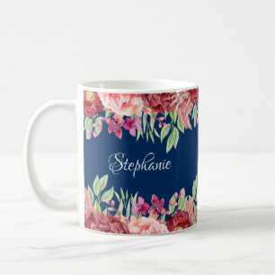 Navy Blue Burgundy Floral Personalized Name Coffee Mug
