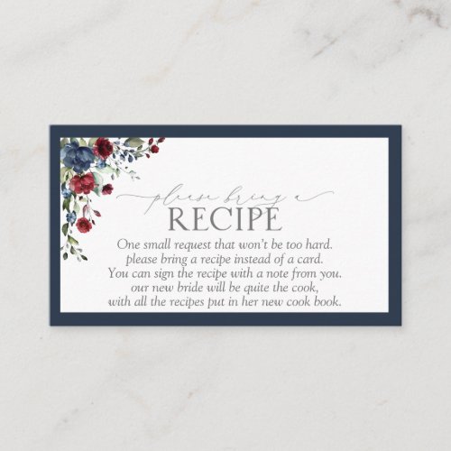 Navy Blue Burgundy Floral Please Bring A Recipe Enclosure Card