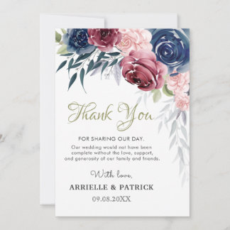 Navy Blue Burgundy Floral Rose Blush Pink Wedding Thank You Card