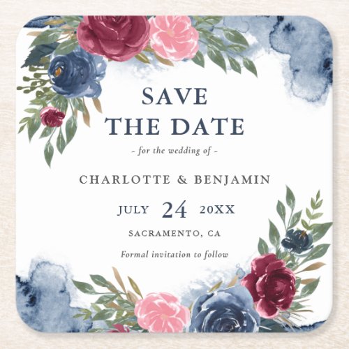 Navy Blue Burgundy Floral Save The Date Coaster