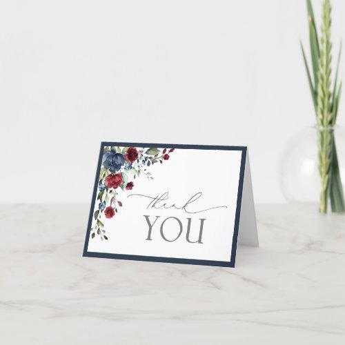 Navy Blue Burgundy Floral Script Thank You Card