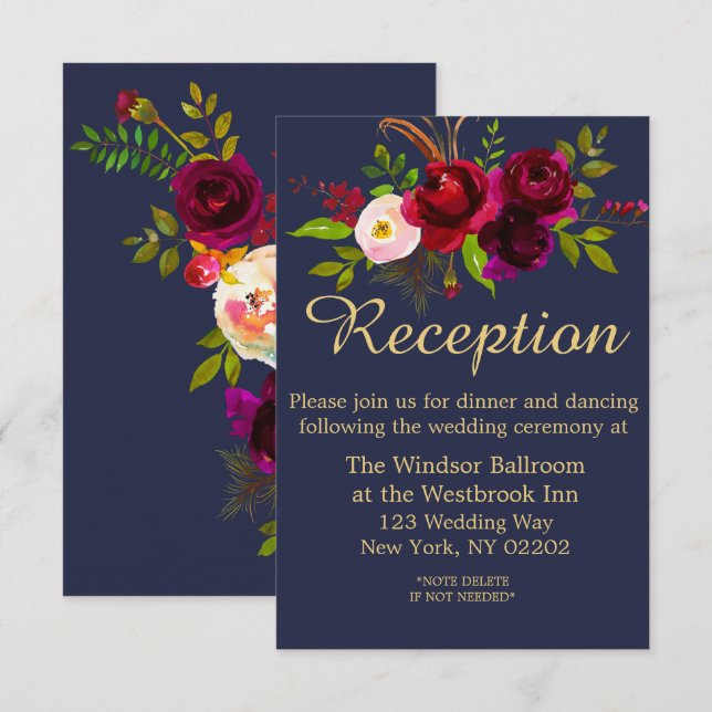 Navy Blue Burgundy Floral Script Wedding Invitation (Front/Back)