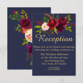 Navy Blue Burgundy Floral Script Wedding Invitation