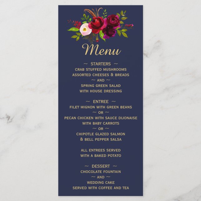 Navy Blue Burgundy Floral Script Wedding Menu (Front)